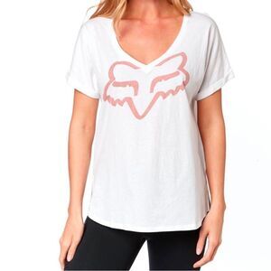 Fox Racing Shirt Womens Small Responded‎ V-Neck T-Shirt White Pink Logo
